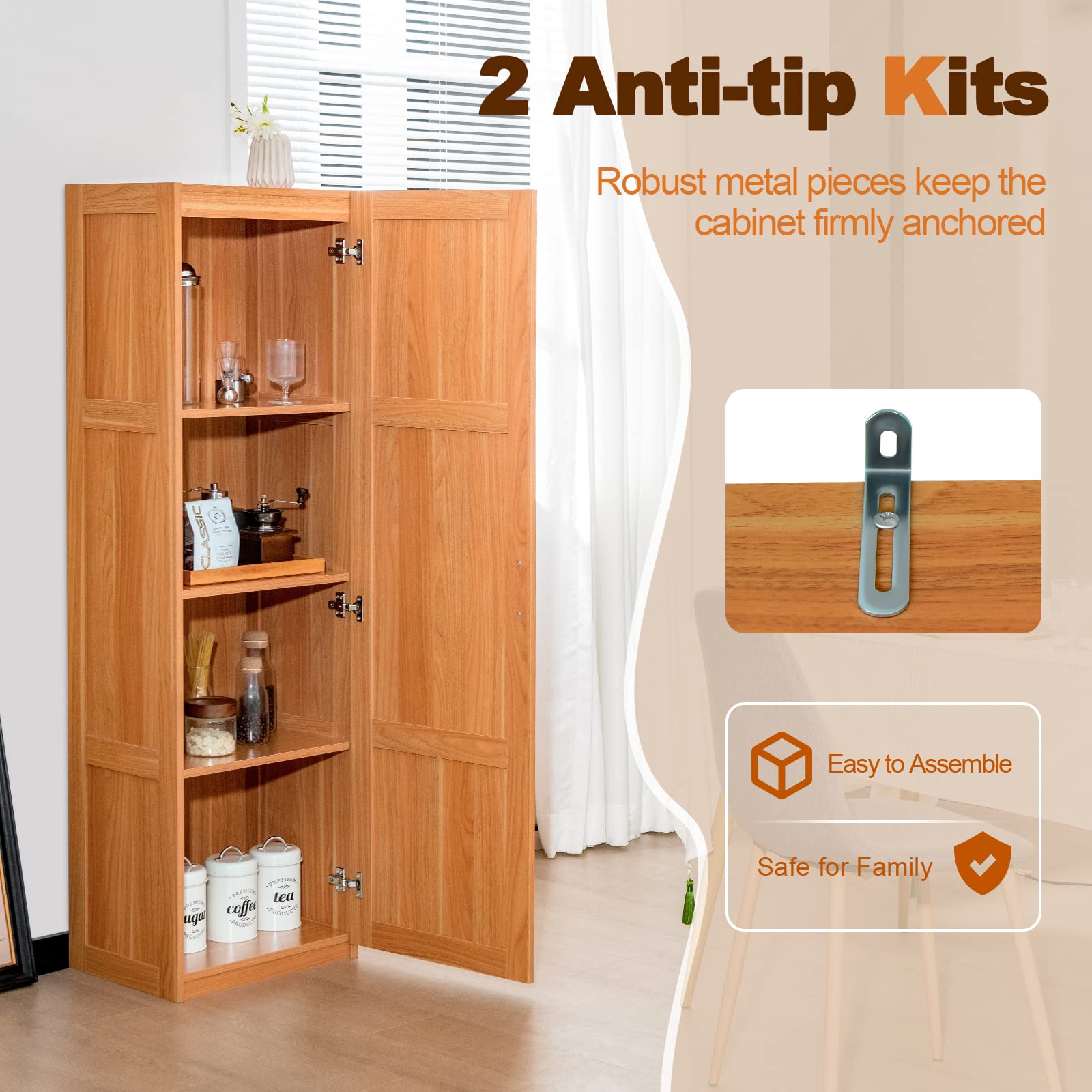 Giantex Kitchen Pantry, Tall Storage Cabinet Single Door, 4-Tier Floor Storage Cabinet for Bathroom (Oak Color)