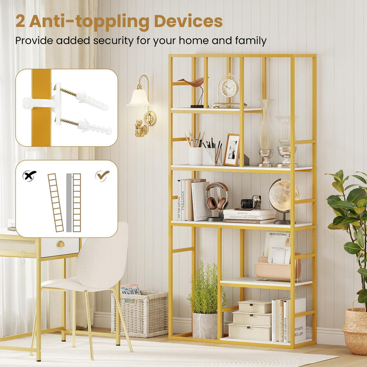Giantex 5-Tier Bookshelf 71" Freestanding Golden Bookcase with Open Storage Shelves