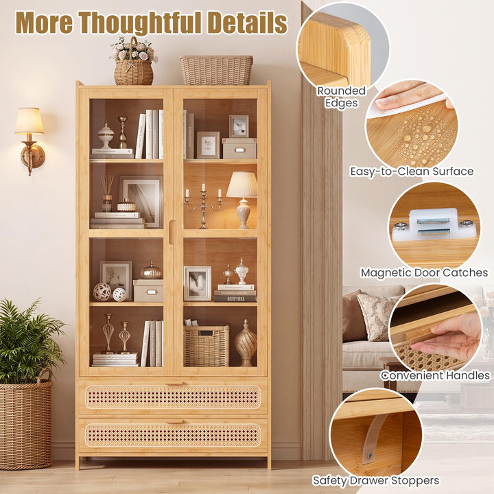 GIANTEX 54.5" Tall 6-Tier Freestanding Bamboo Bookshelf with 2 Acrylic Doors and 2 Drawers