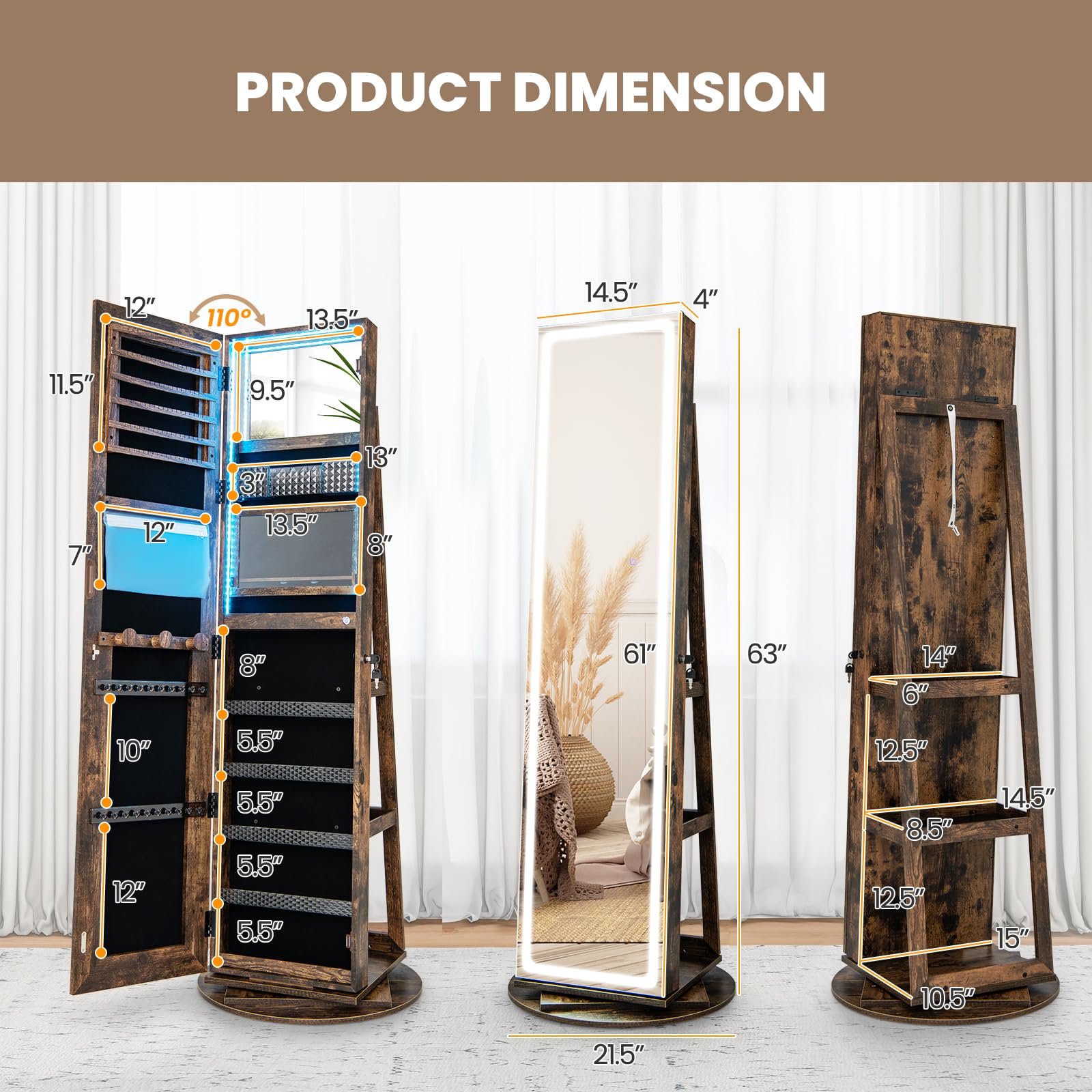 CHARMAID LED Mirror Jewelry Cabinet Armoire 360° Swivel, 63" H 3-Color Lighted Full Length Mirror