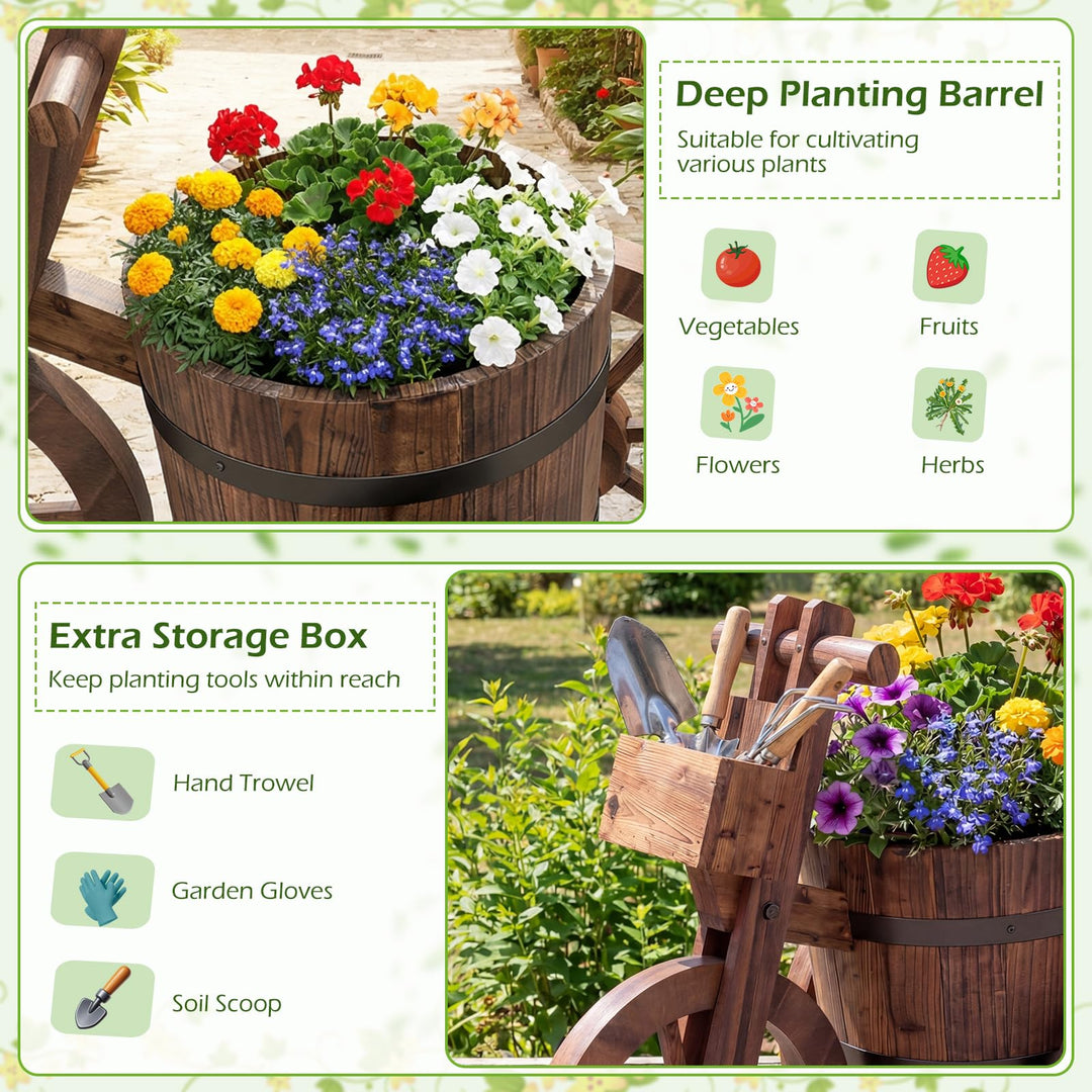 Giantex Wooden Wagon Planter with Wheels for Patio Backyard Balcony
