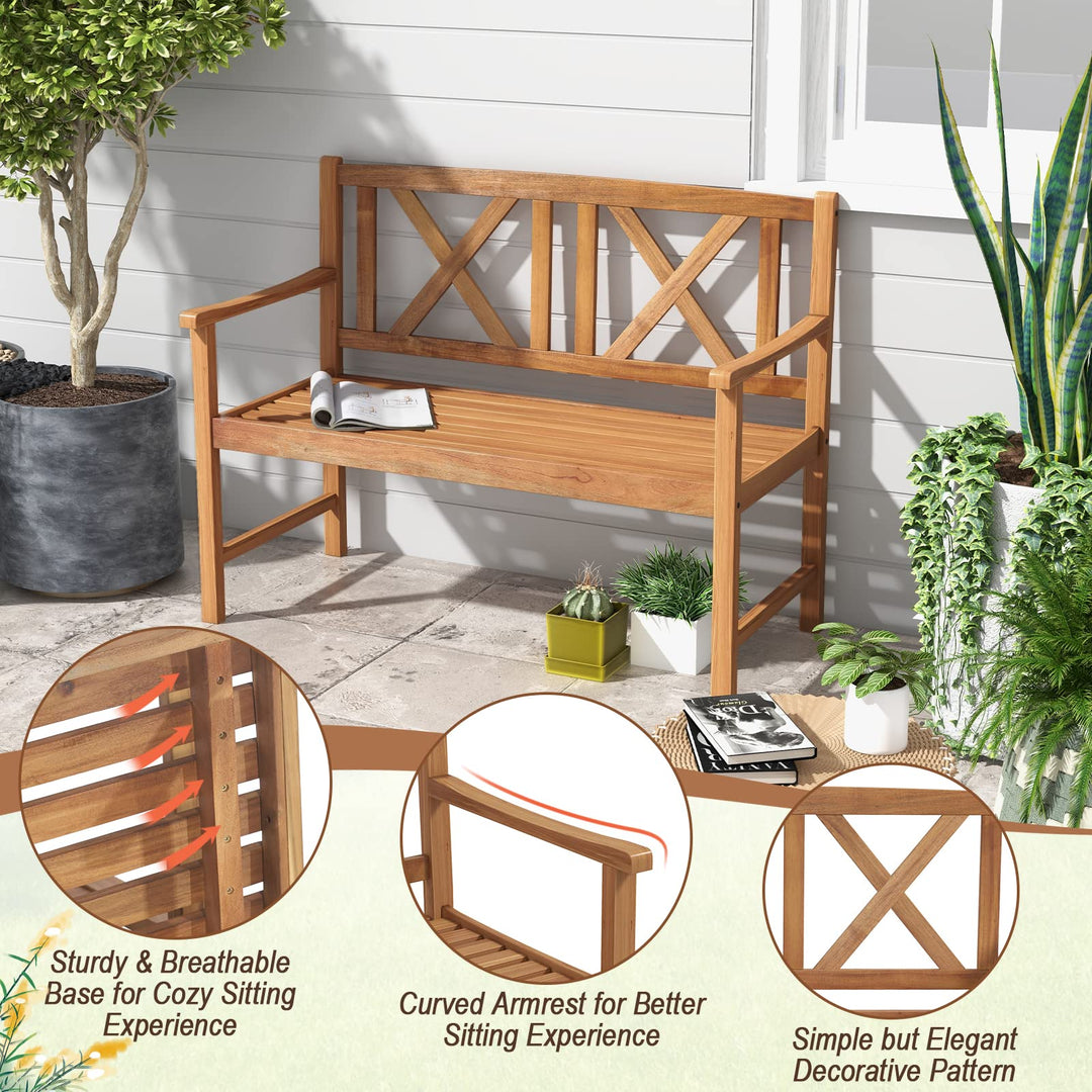 Giantex Outside Garden Bench Loveseat - 2-Person Acacia Wood Bench with Armrest