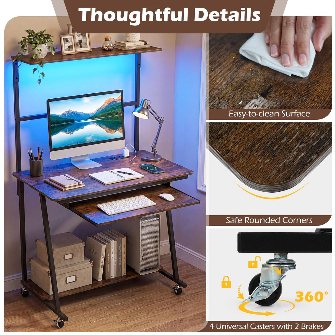 Giantex 31.5" Small Computer Desk with Charging Station &amp; LED Lights