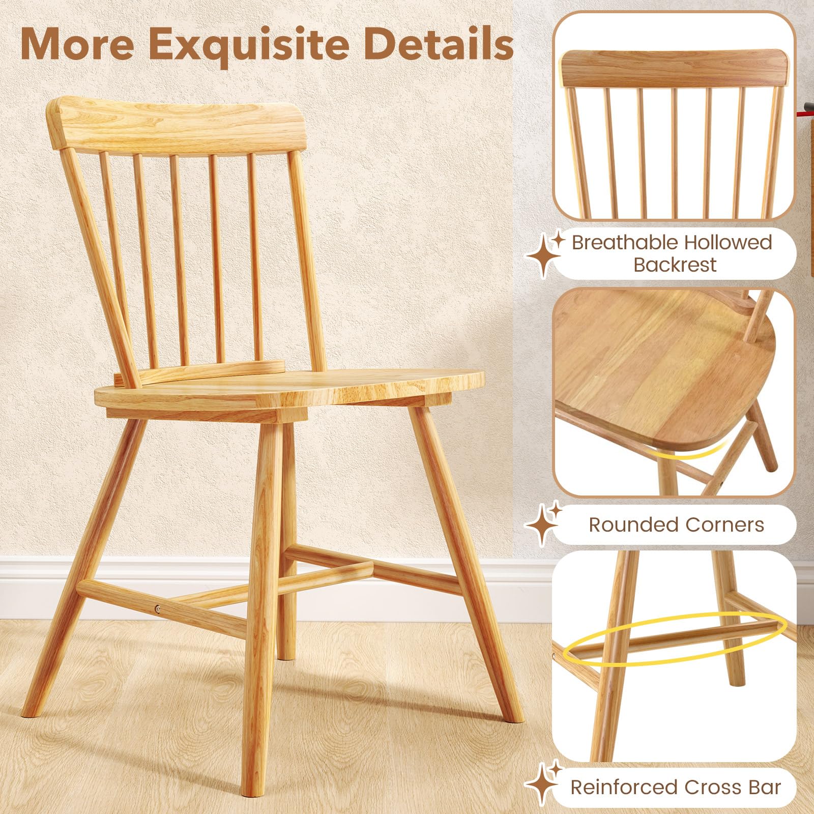 Giantex Windsor Dining Chairs Set of 2/4, Farmhouse Kitchen Chairs w/Rubber Wood Frame, Elegant Hollowed Backrest