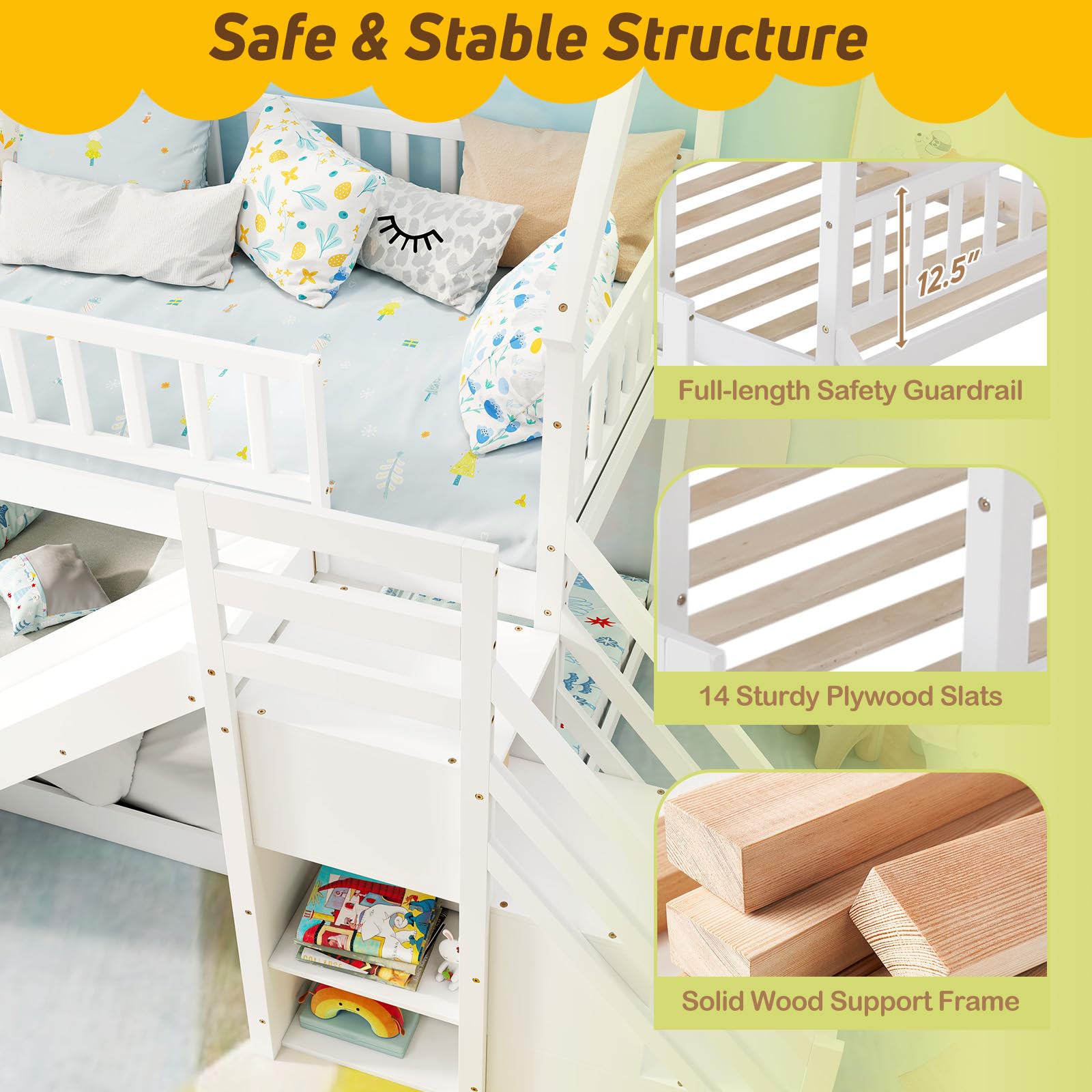 Giantex House Bunk Bed Twin Over Twin with Slide & Stairs, No Box Spring Needed, Twin Floor Bunk Bed for Kids Teens Boys Girls, White