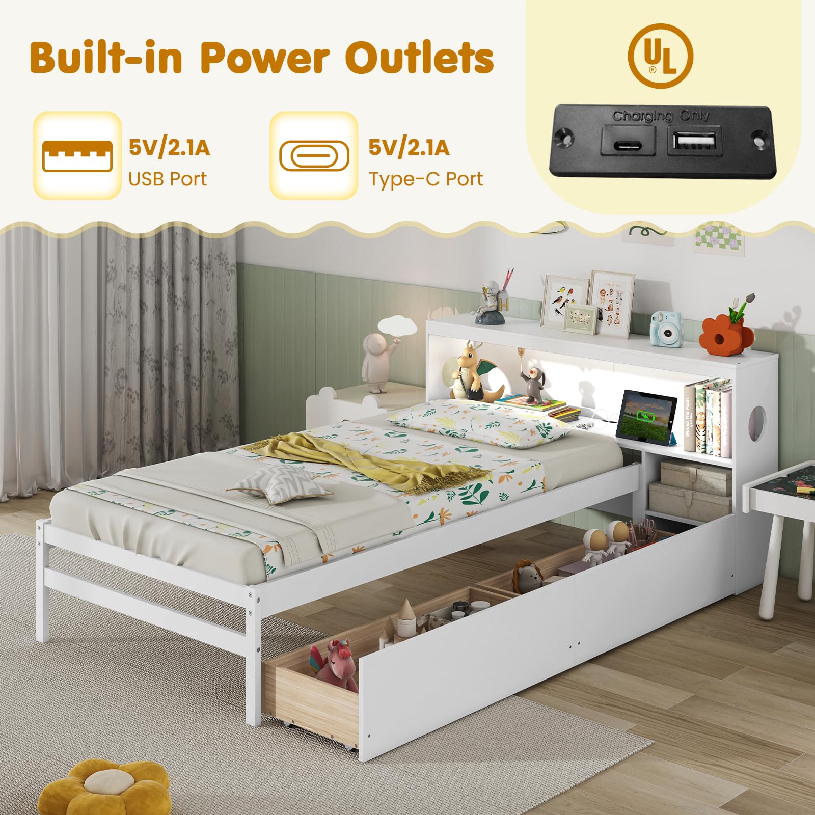 Giantex Wood Twin Bed Frame with Storage Drawer & Headboard, Modern Platform Bed with Charging Station & LED Light