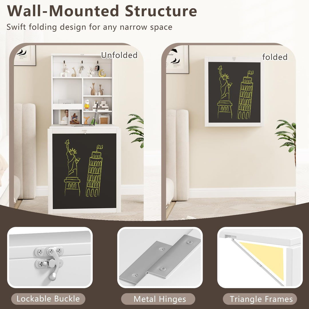 Giantex Foldable Wall Mounted Desk with Storage Shelves Hooks &amp; Chalkboard