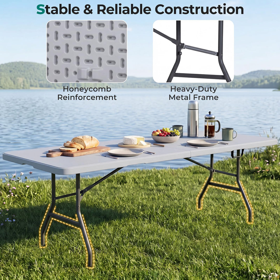 Giantex 8FT Folding Table | Heavy Duty Fold-in-Half Portable HDPE Plastic Table with Handle &amp; Locks