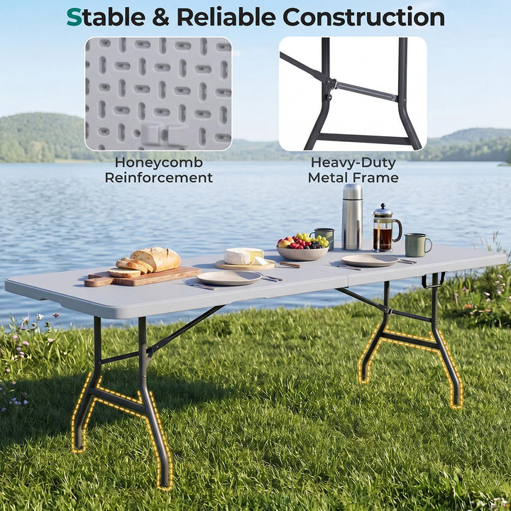 Giantex 8FT Folding Table | Heavy Duty Fold-in-Half Portable HDPE Plastic Table with Handle &amp; Locks