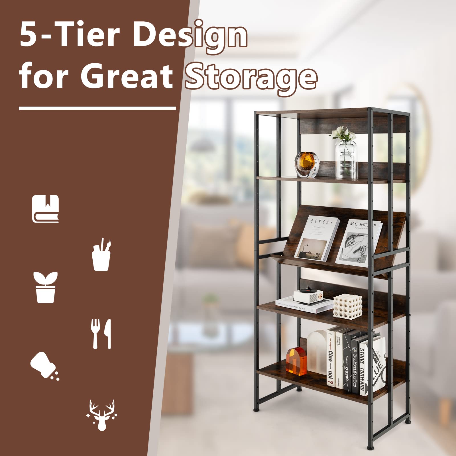 Giantex 5-Tier Industrial Bookshelf Rustic Brown - Metal Frame 61" Tall