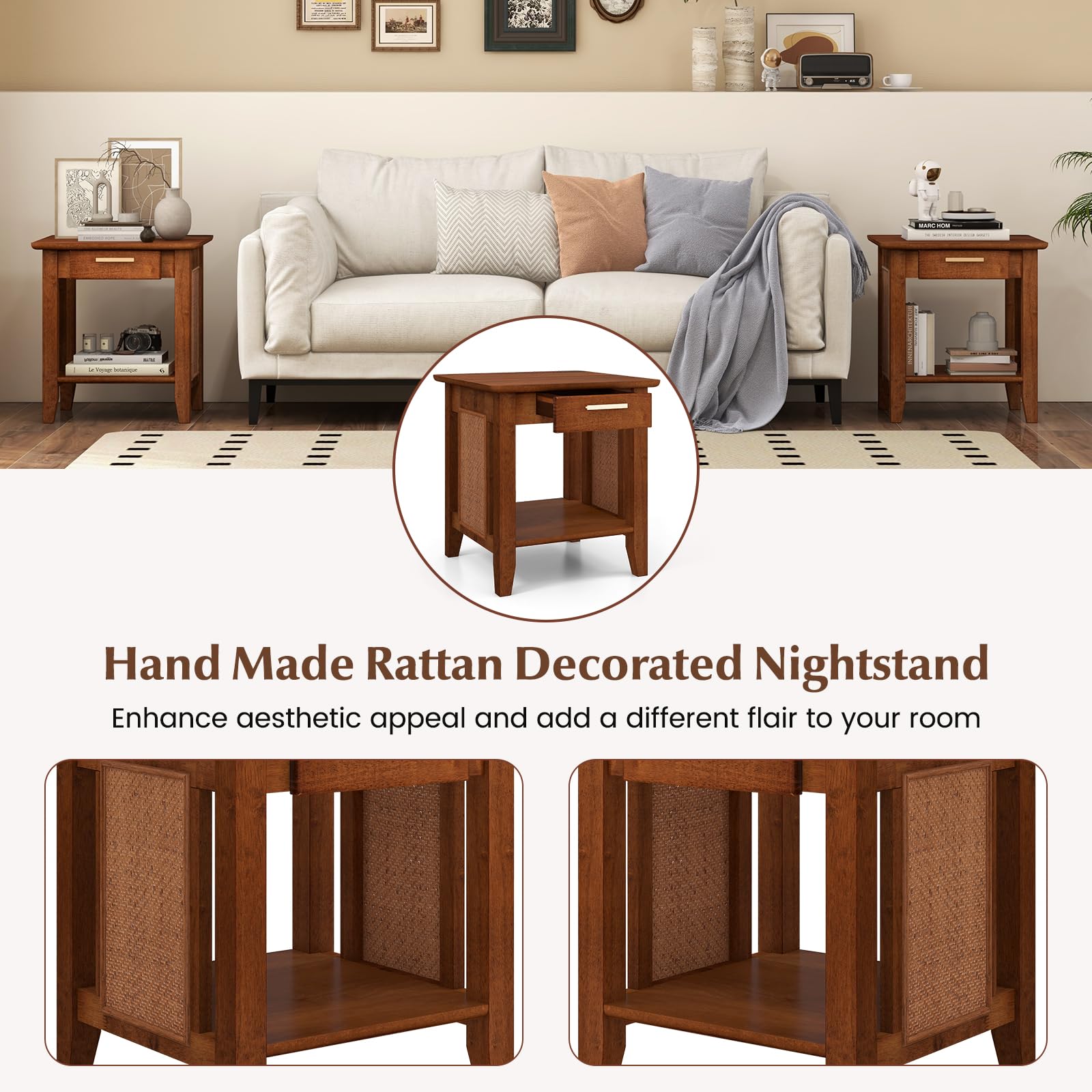 Giantex Rattan Nightstand with Drawer, Mid Century End Table with Storage Shelf, Sofa Side Table with Solid Rubber Wood Legs