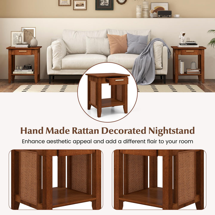 Giantex Rattan Nightstand with Drawer, Mid Century End Table with Storage Shelf, Sofa Side Table with Solid Rubber Wood Legs