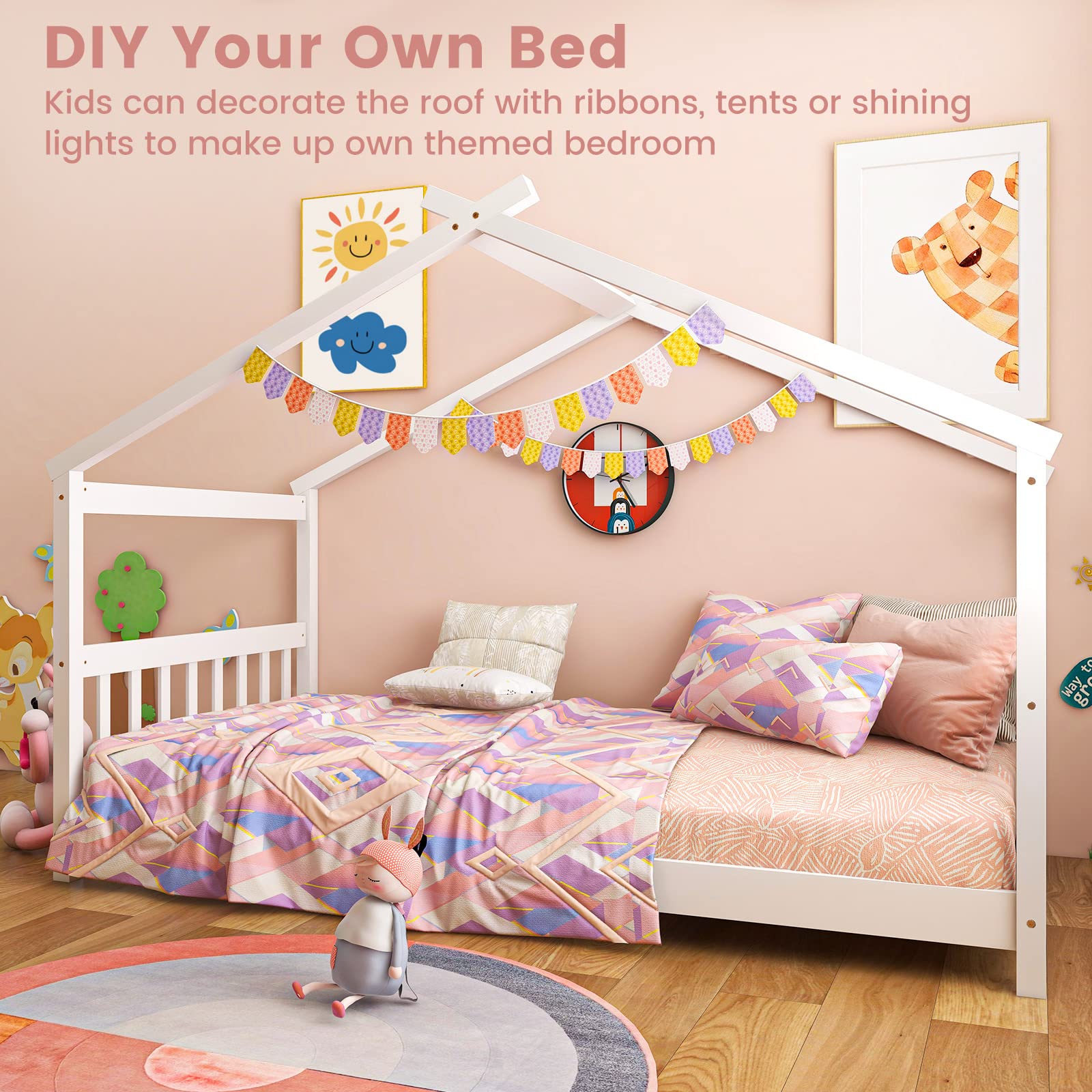 Giantex House Bed Twin, Solid Wood Kids House Bed with Roof