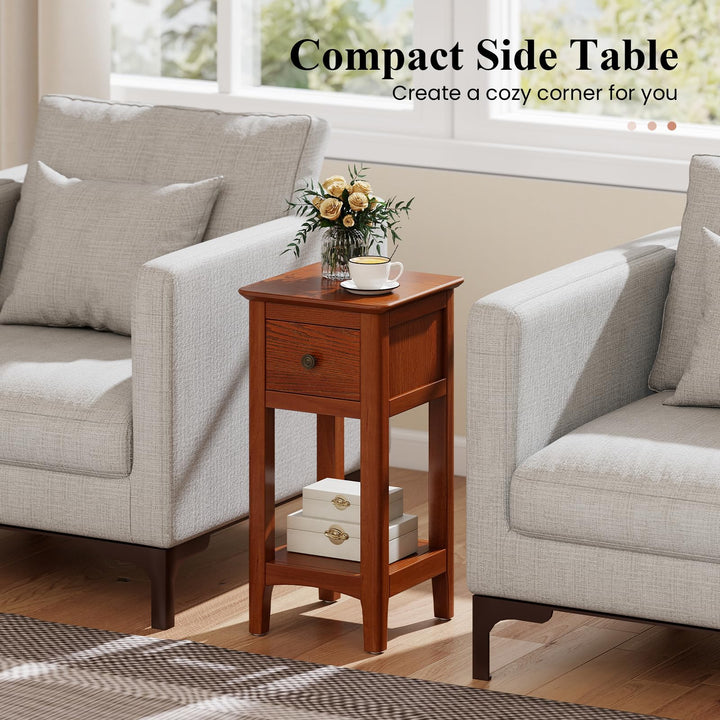 Giantex Narrow End Table with Drawer 23.5" H Side Table w/Open Storage Shelf & Solid Wood Frame