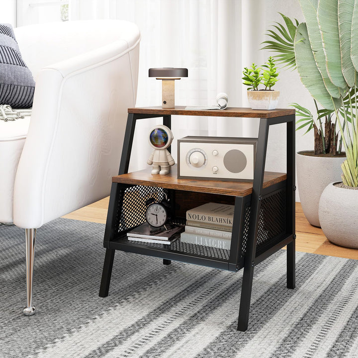 Giantex Industrial Nightstand 3-Tier End Table with 2 Open Shelves and Metal Mesh Compartment
