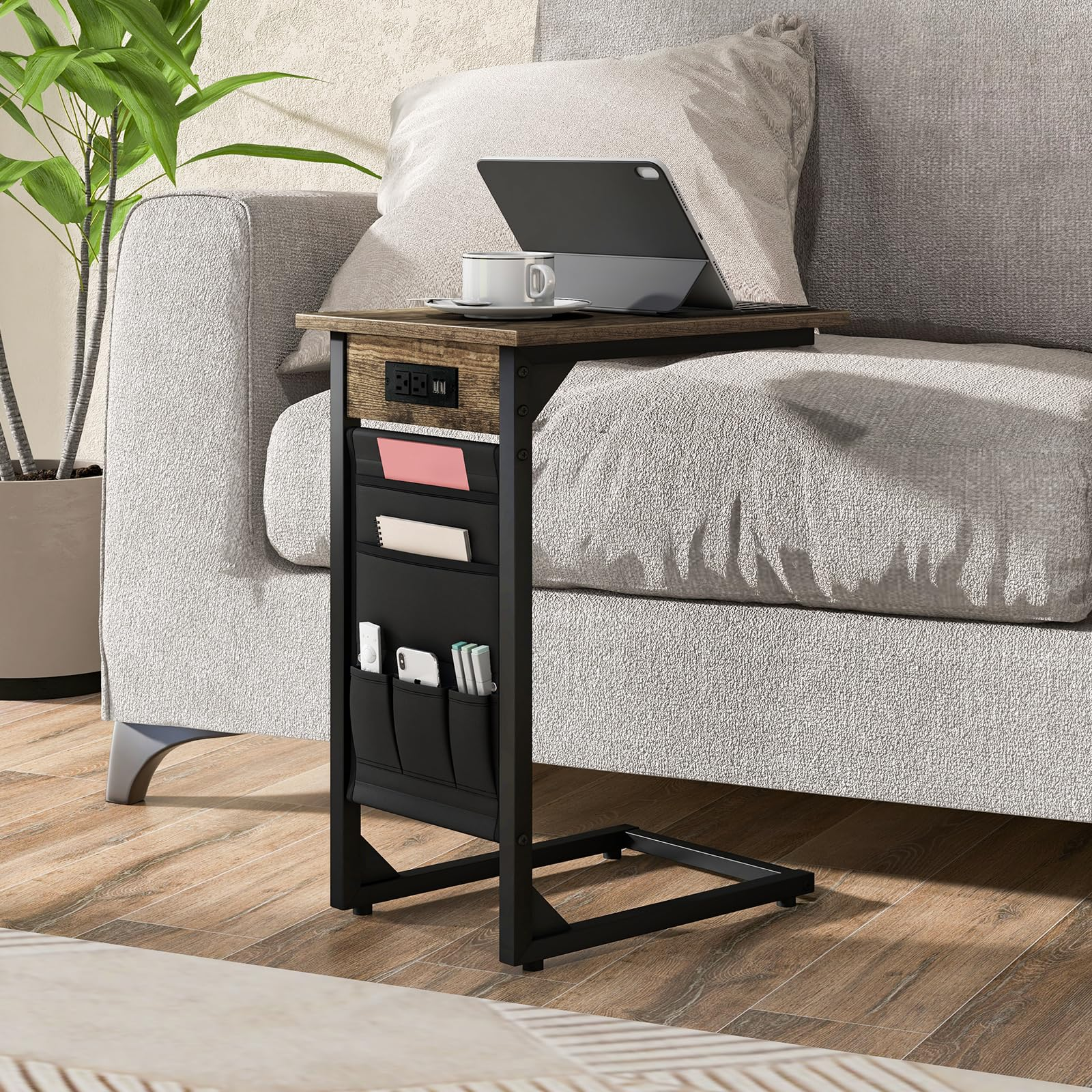 Giantex C Shaped End Table Set of 2, Sofa Side Table with Charging Station & Side Storage Bag, Rustic Brown