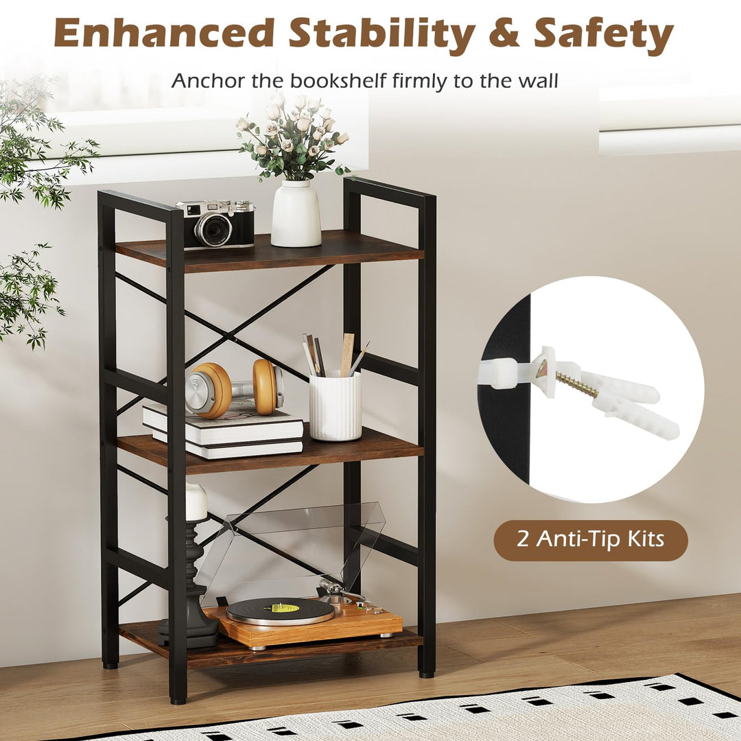 Giantex 3-Tier Bookshelf Narrow Freestanding Display Shelf with Metal Frame &amp; Wooden Storage Racks