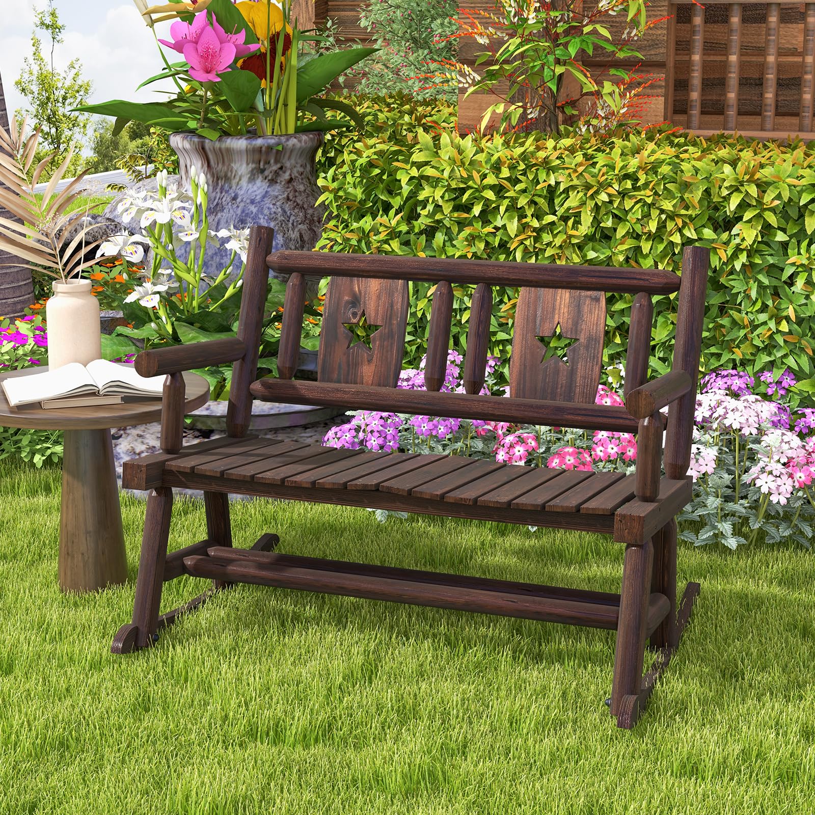 Giantex Outdoor Rocking Bench, Patio Loveseat Rocker for 2 w/Ergonomic Back & Log Arms, Carbonized Fir Wood Frame
