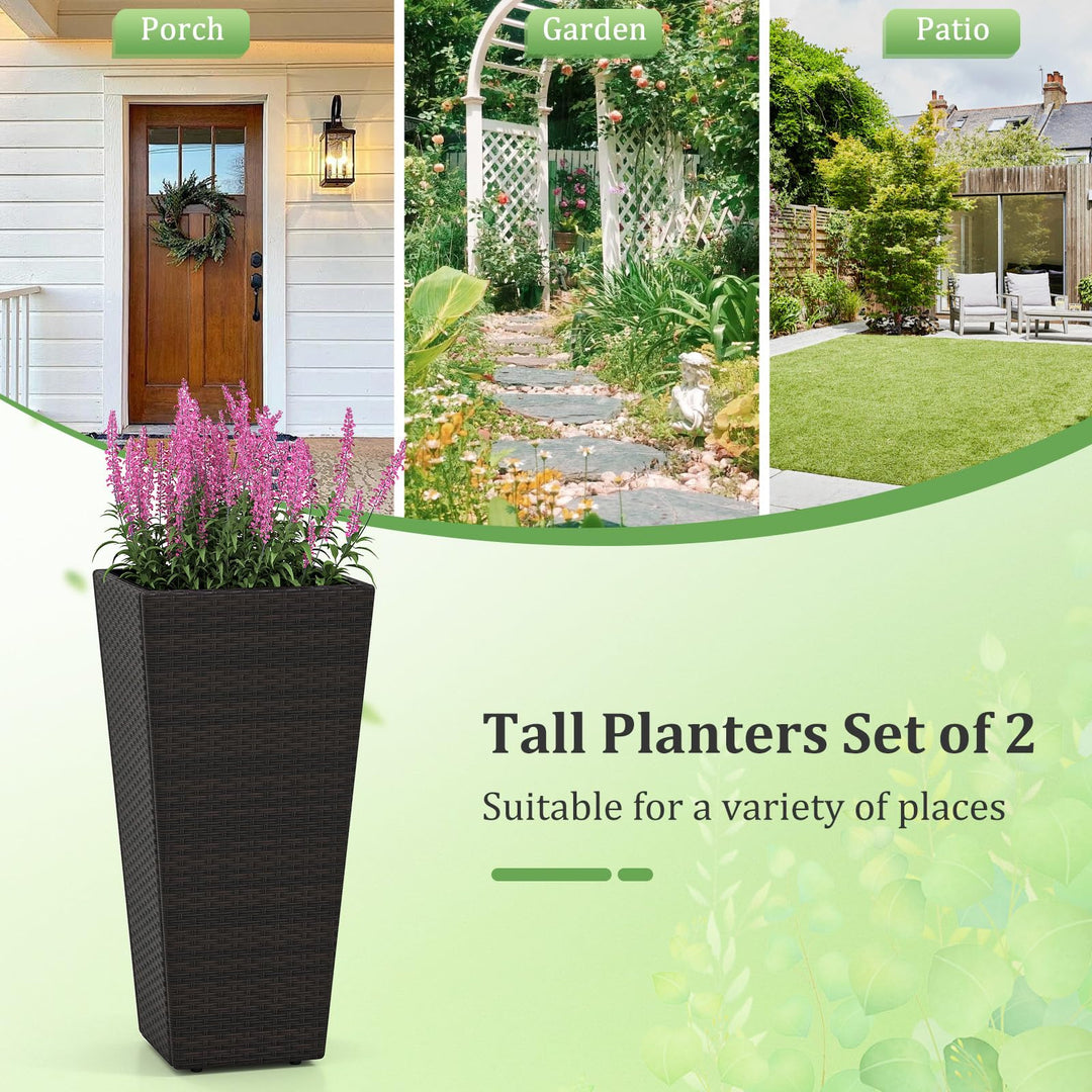 Giantex Set of 2 Outdoor Wicker Flower Pot 30 Inch Tall Planters with Drainage System PE Rattan Flower Pots