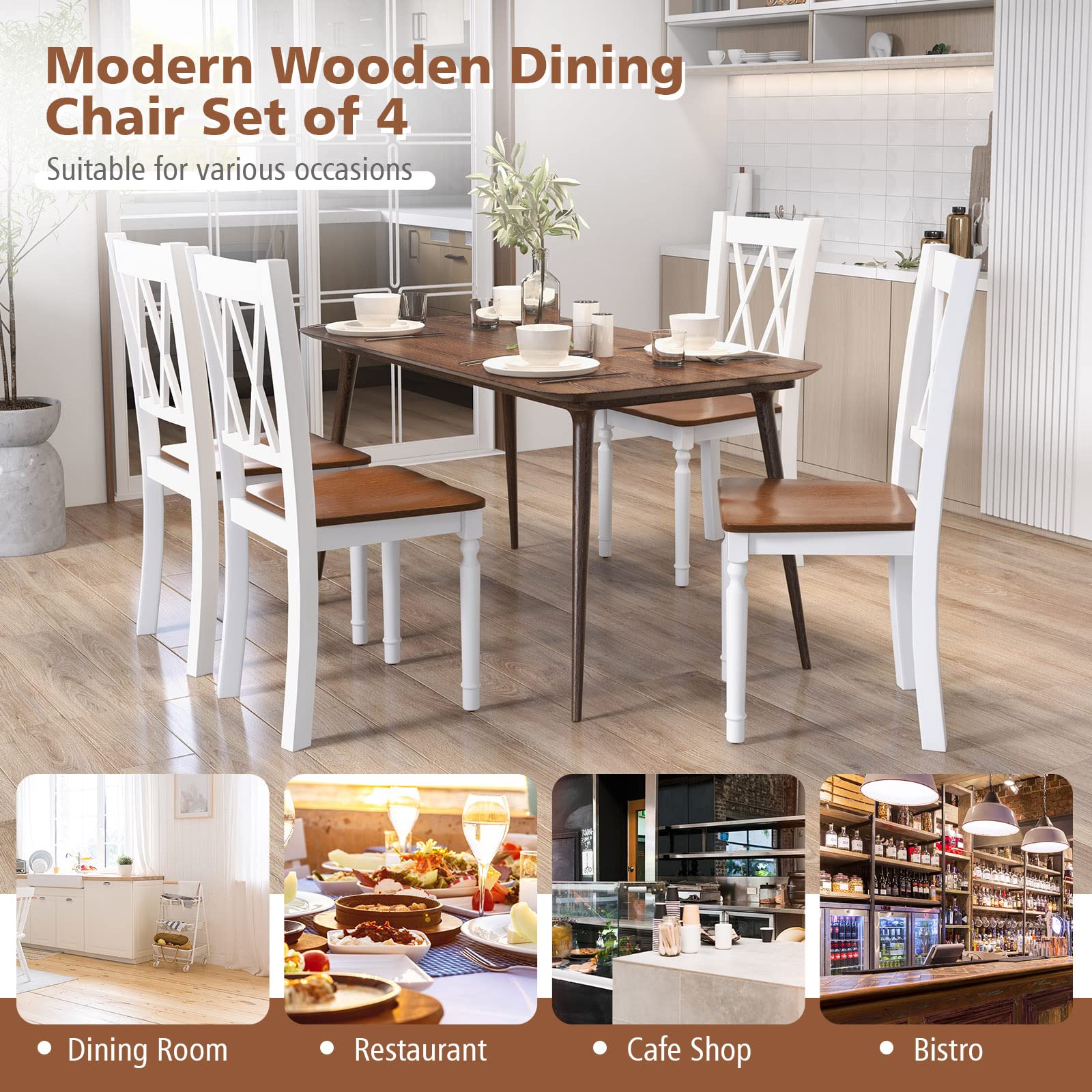 Giantex Dining Room Chairs Set of 2 White, Wooden Farmhouse Kitchen Chairs with Rubber Wood Seat