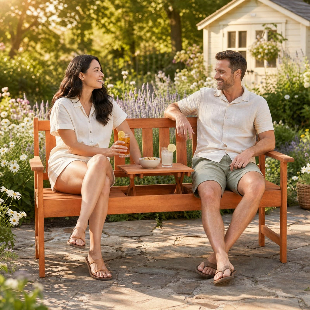 GIANTEX 59" Outdoor Bench with Pull-Out Center Table
