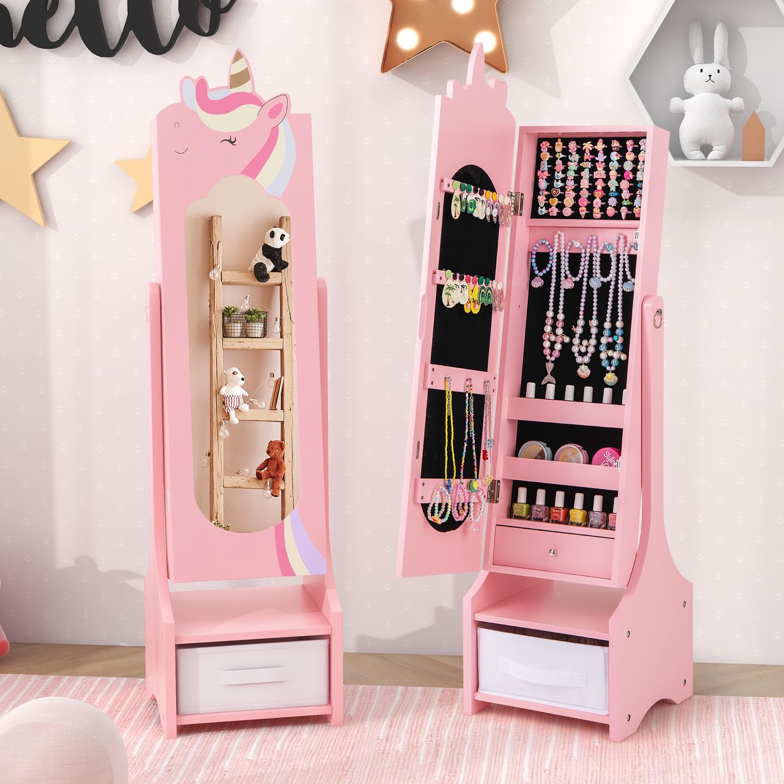 CHARMAID Kids Mirror Jewelry Cabinet - 45.5'' Full Length Mirror with Jewelry Storage