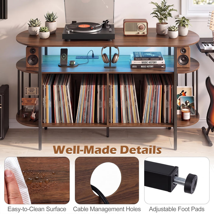 GIANTEX 3-Tier 55" Record Player Stand with LED Lights &amp; Power Outlets