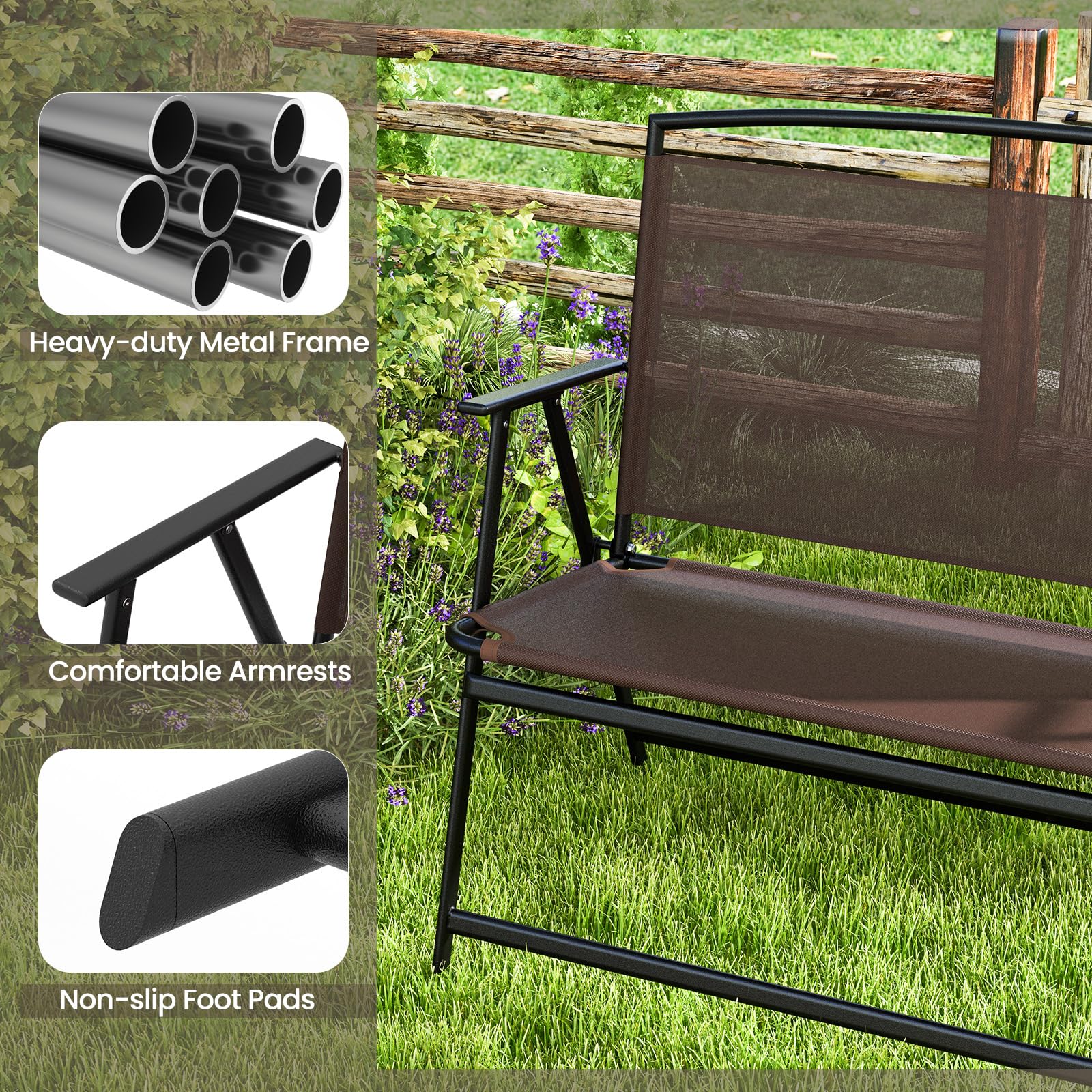 Giantex Outdoor Bench, Folding Garden Bench for 2 Persons, Patio Loveseat with Metal Armrests