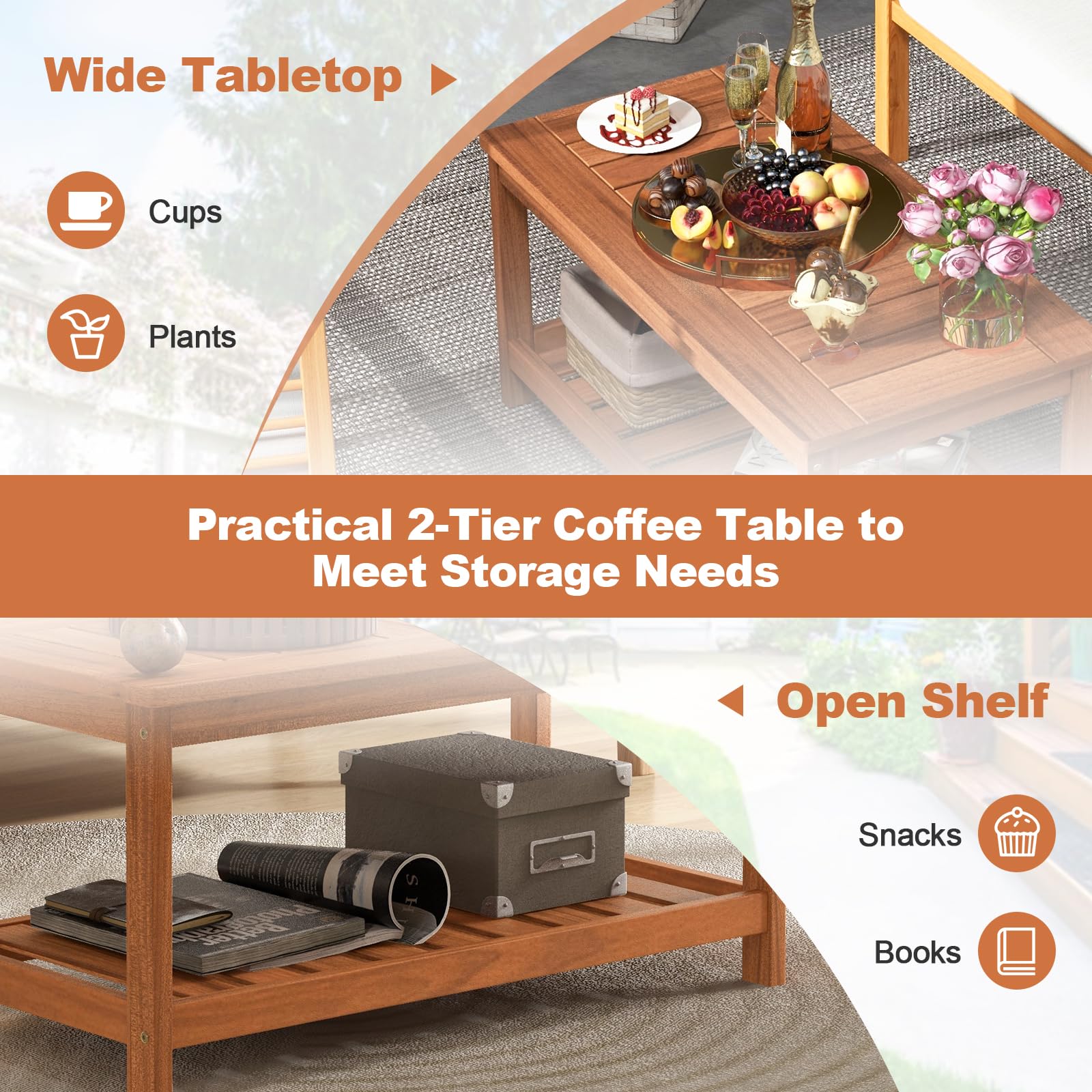 Giantex Hardwood Patio Coffee Table - 2-Tier Wooden Coffee Table