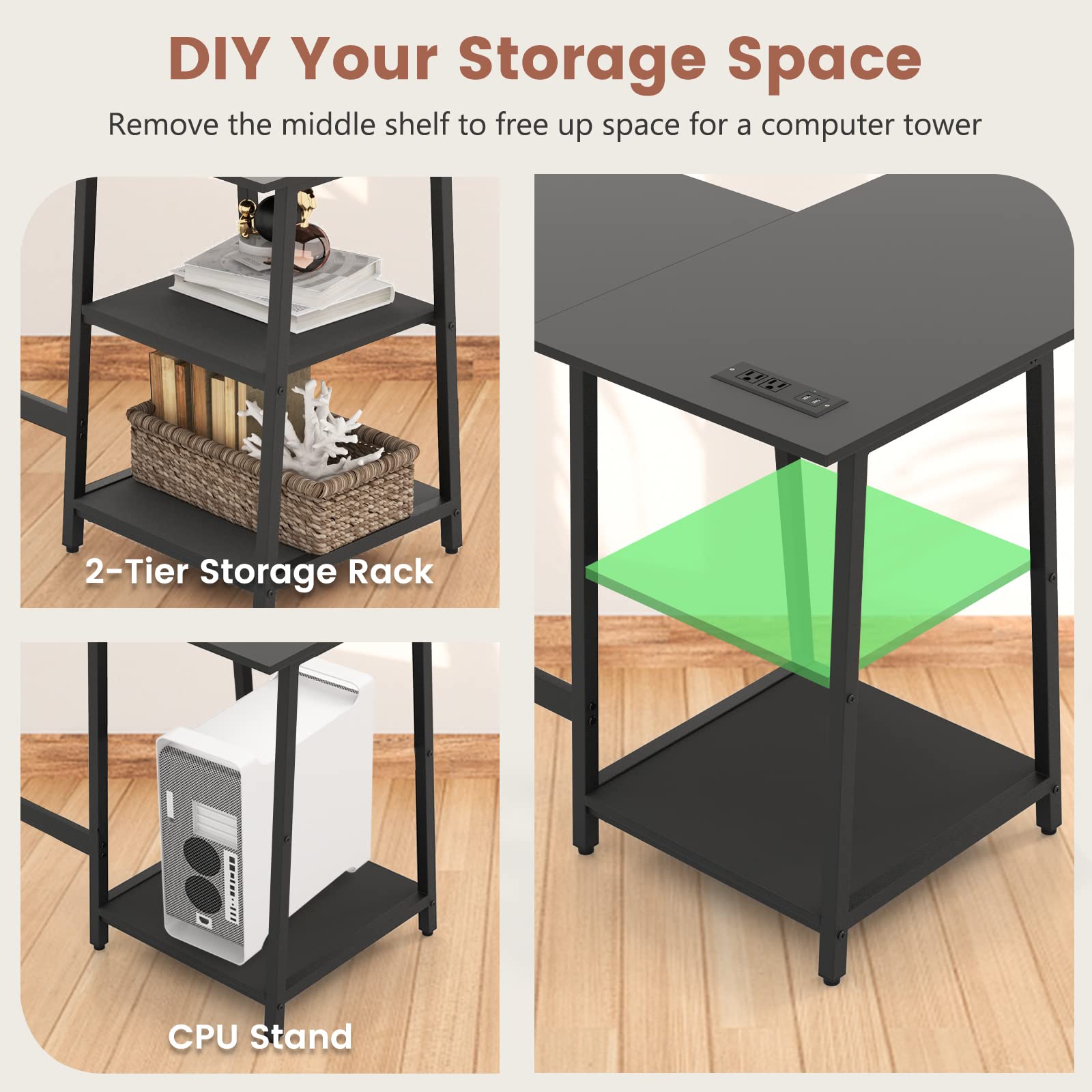 Giantex L Shaped Desk with Power Outlets & USB Ports, 48" Corner Gaming Desk with 2 Tier Storage Shelves