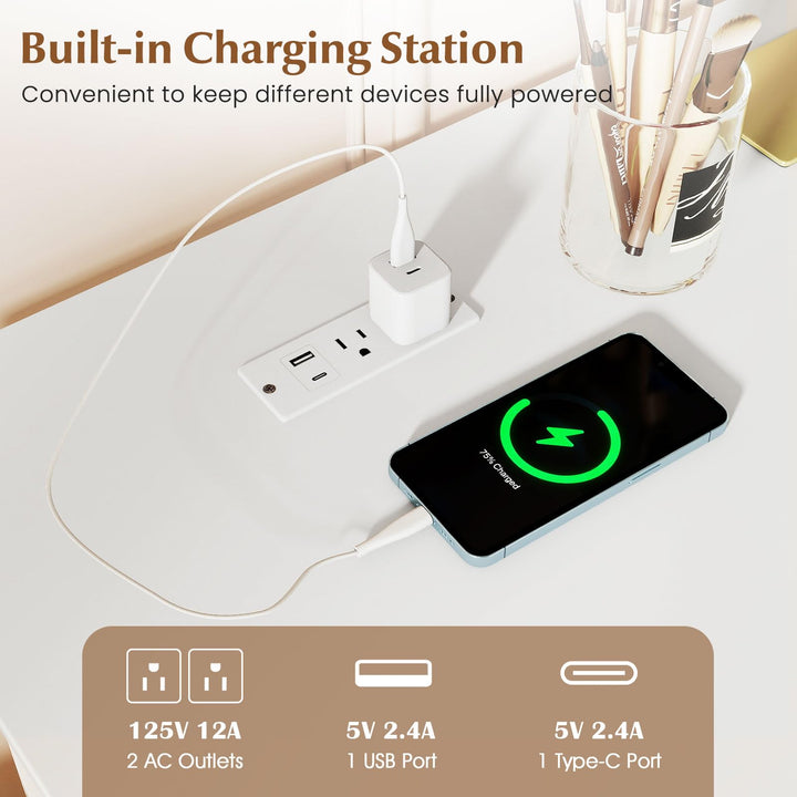 CHARMAID 55'' Vanity Desk with LED Mirror & Lighted Fluted Cabinet