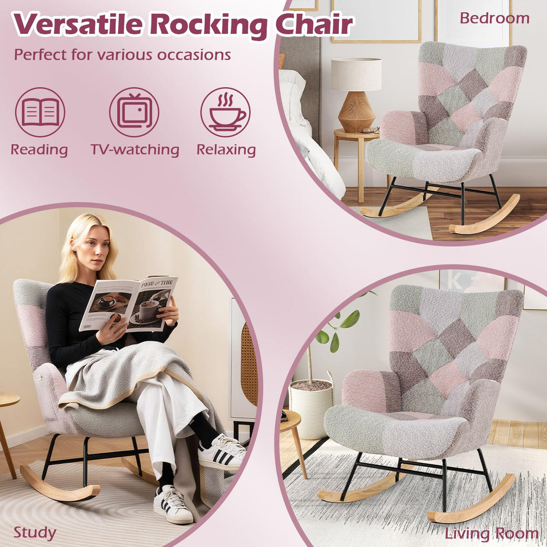 Giantex Rocking Chair Nursery Teddy Upholstered Glider Rocker w/Ergonomic High Backrest