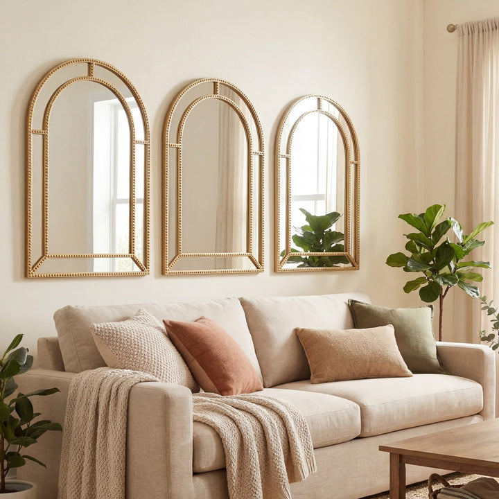 CHARMAID Gold Arched Wall Mirror with Beaded Frame for Bathroom Entryway