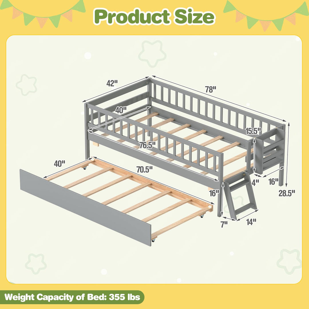 GIANTEX Trundle Bed Twin Size with Bookshelf | 2-Step Ladder for Kids