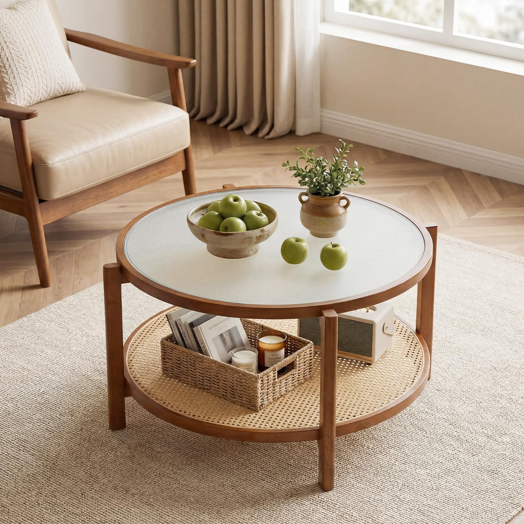 Giantex 35" Rattan Farmhouse Glass Center Table with Storage