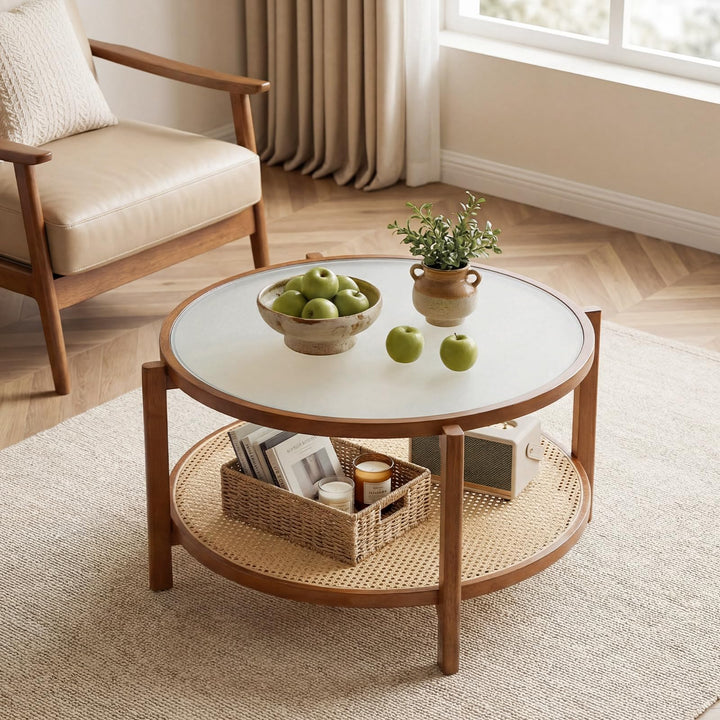 Giantex 35" Rattan Farmhouse Glass Center Table with Storage