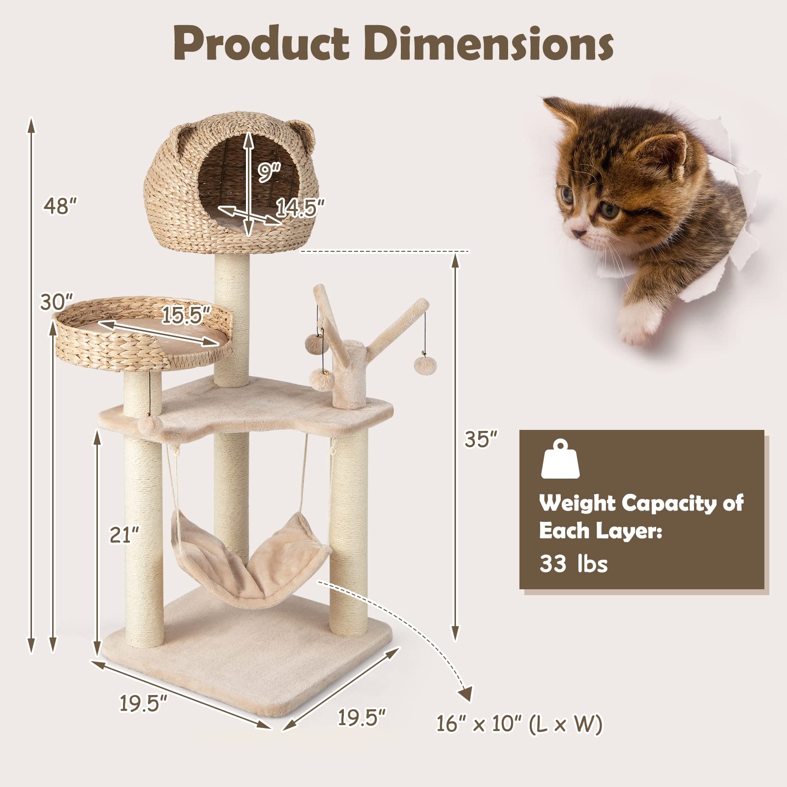 Giantex Wooden Cat Tree, 48 inches Cat Tower with Cattail Condo, Cat Bed, Hammock, Rotatable Jingling Balls