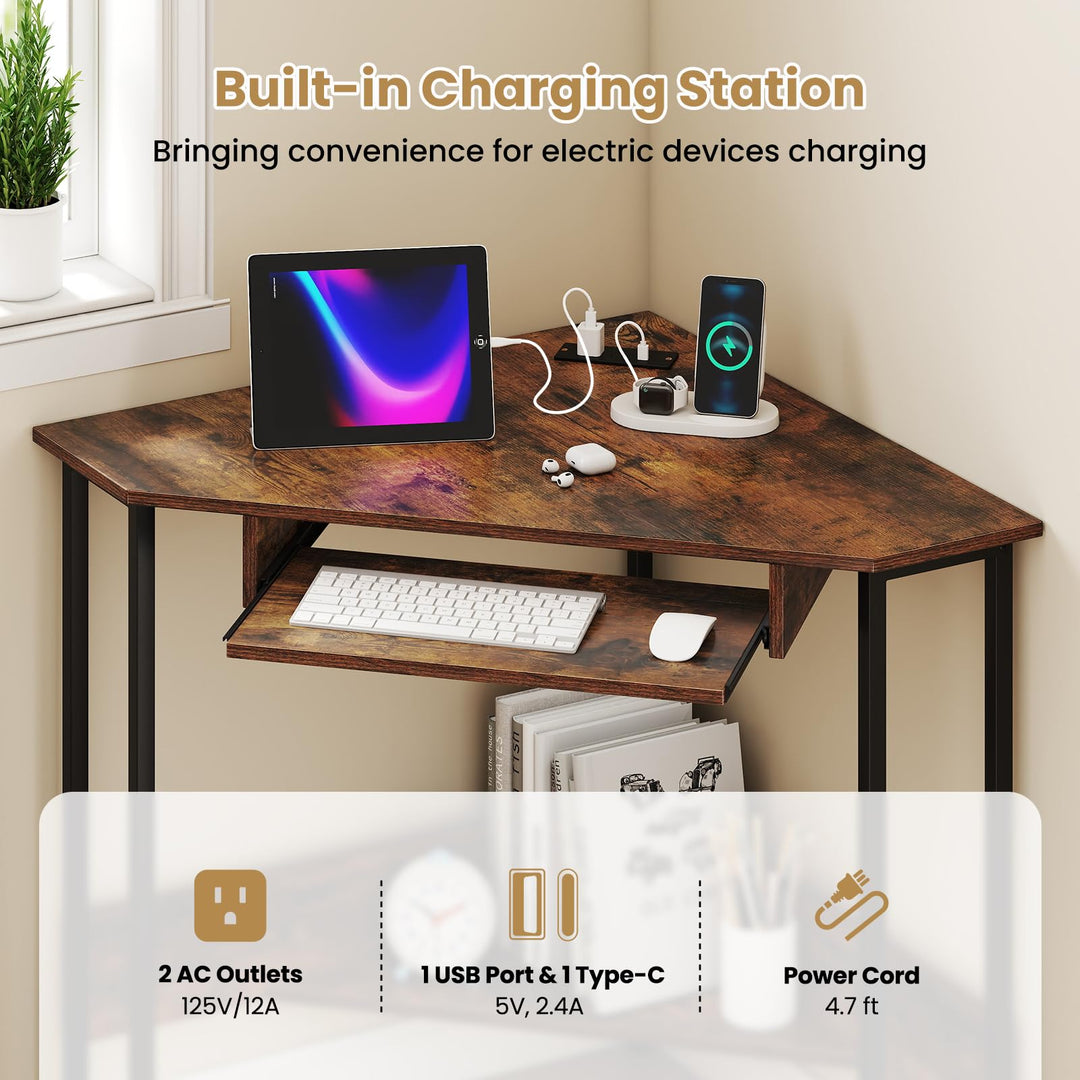 Giantex Small Corner Desk with Charging Station with Keyboard Tray & Storage Shelf