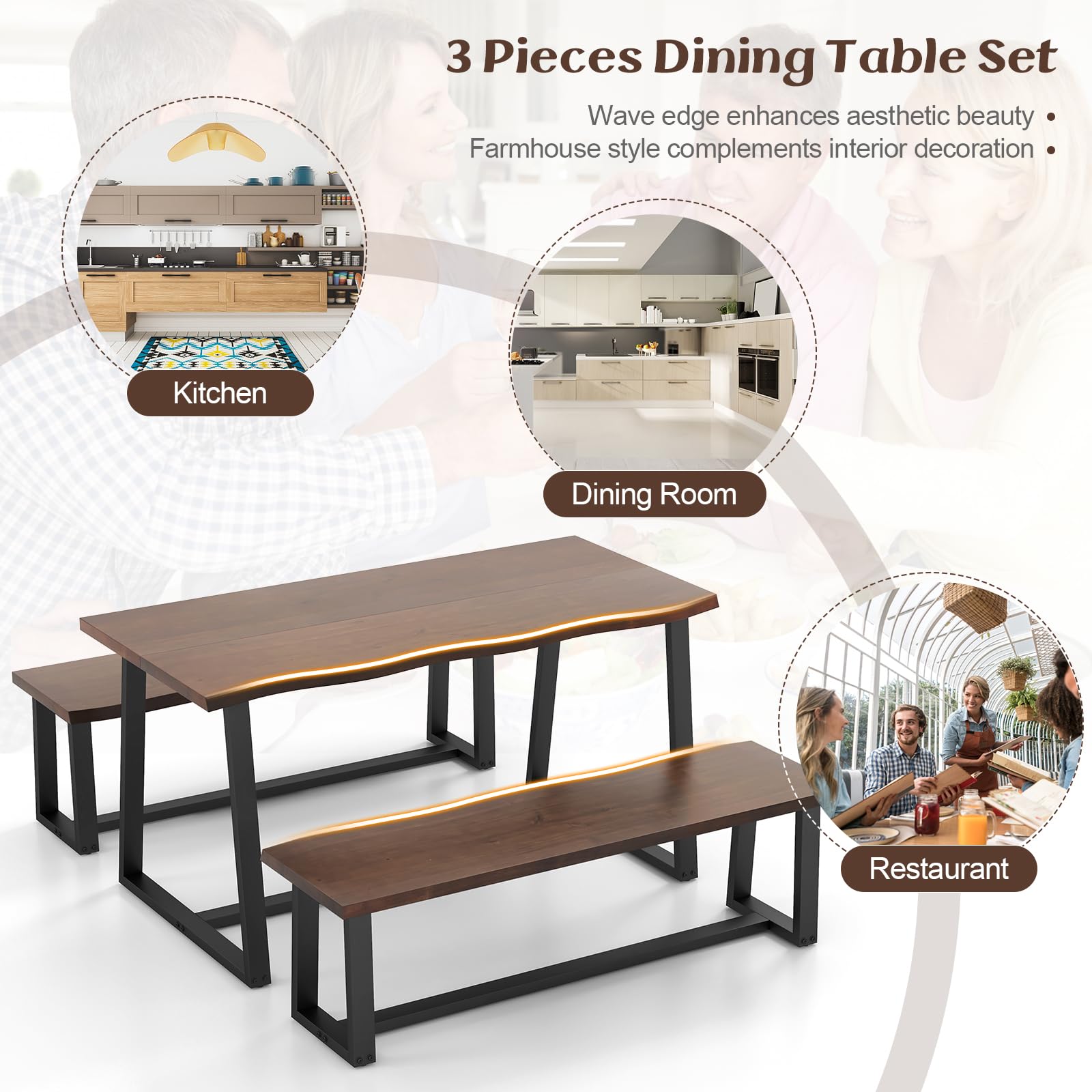 Giantex Dining Table Set for 4-63” Large Table & 2 Long Benches Set for 4-6 People