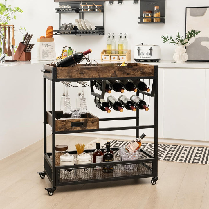 Giantex Rolling Bar Cart, 3-Tier Industrial Buffet Serving Cart with Wine Rack, Stemware Rack & Removable Tray