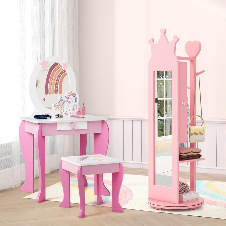 CHARMAID Kids Mirror Jewelry Cabinet - 360° Swivel Jewelry Armoire with Full Length Mirror