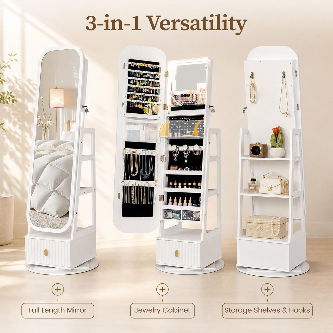 CHARMAID 360° Swivel Jewelry Cabinet with 3-Color LED Vanity Mirror