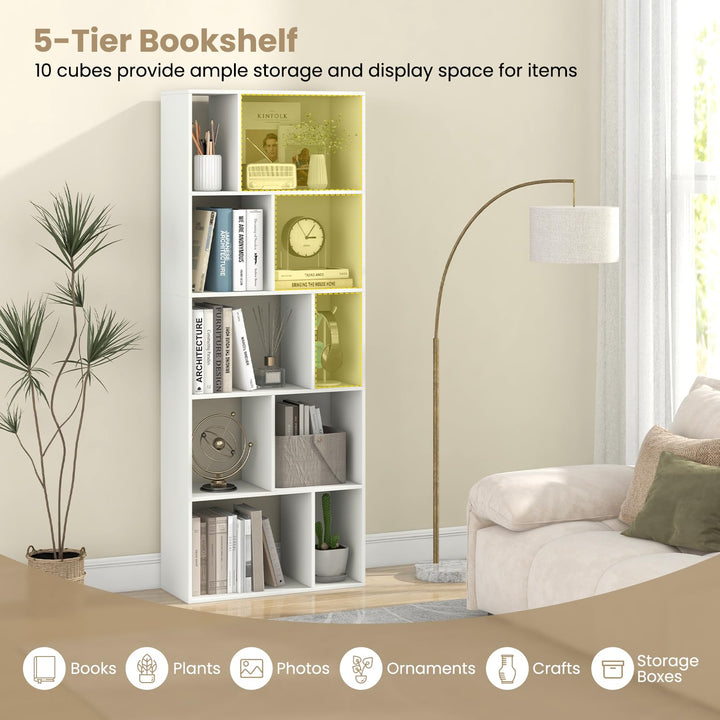 Giantex 5-Tier Geometric Bookshelf, 63" Modern Tall Bookcase, 10-Cube Storage Organizer
