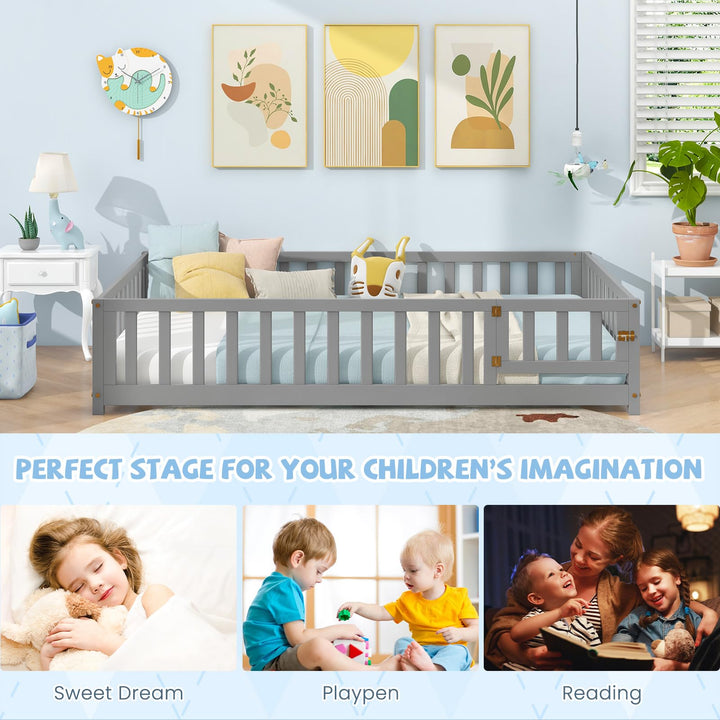 Giantex Full Size Floor Bed for Kids, Montessori Floor Bed with Wood Slats & Safety Guardrails