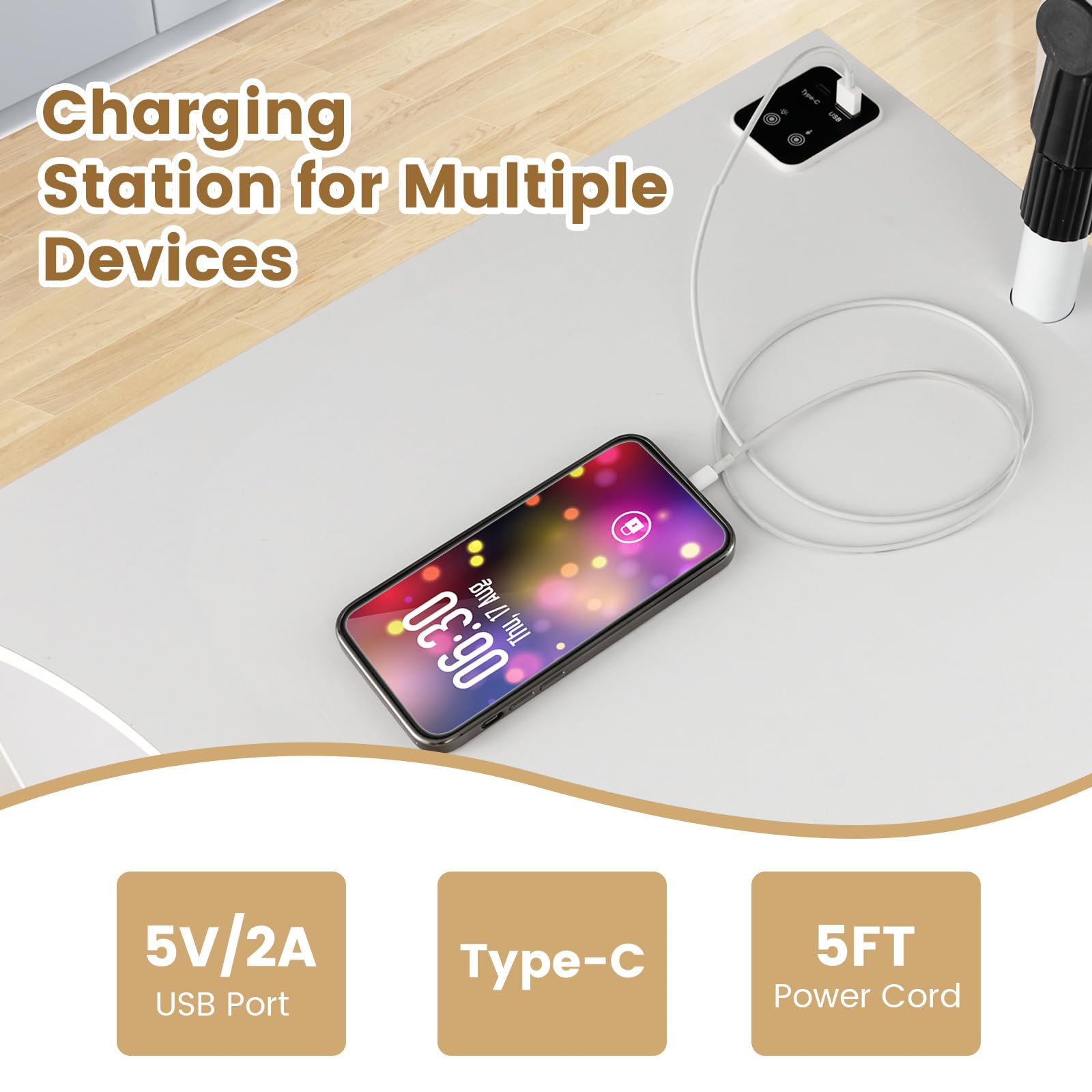 Giantex Nightstand with Charging Station and LED Lights, Modern Bedside Table Workstation
