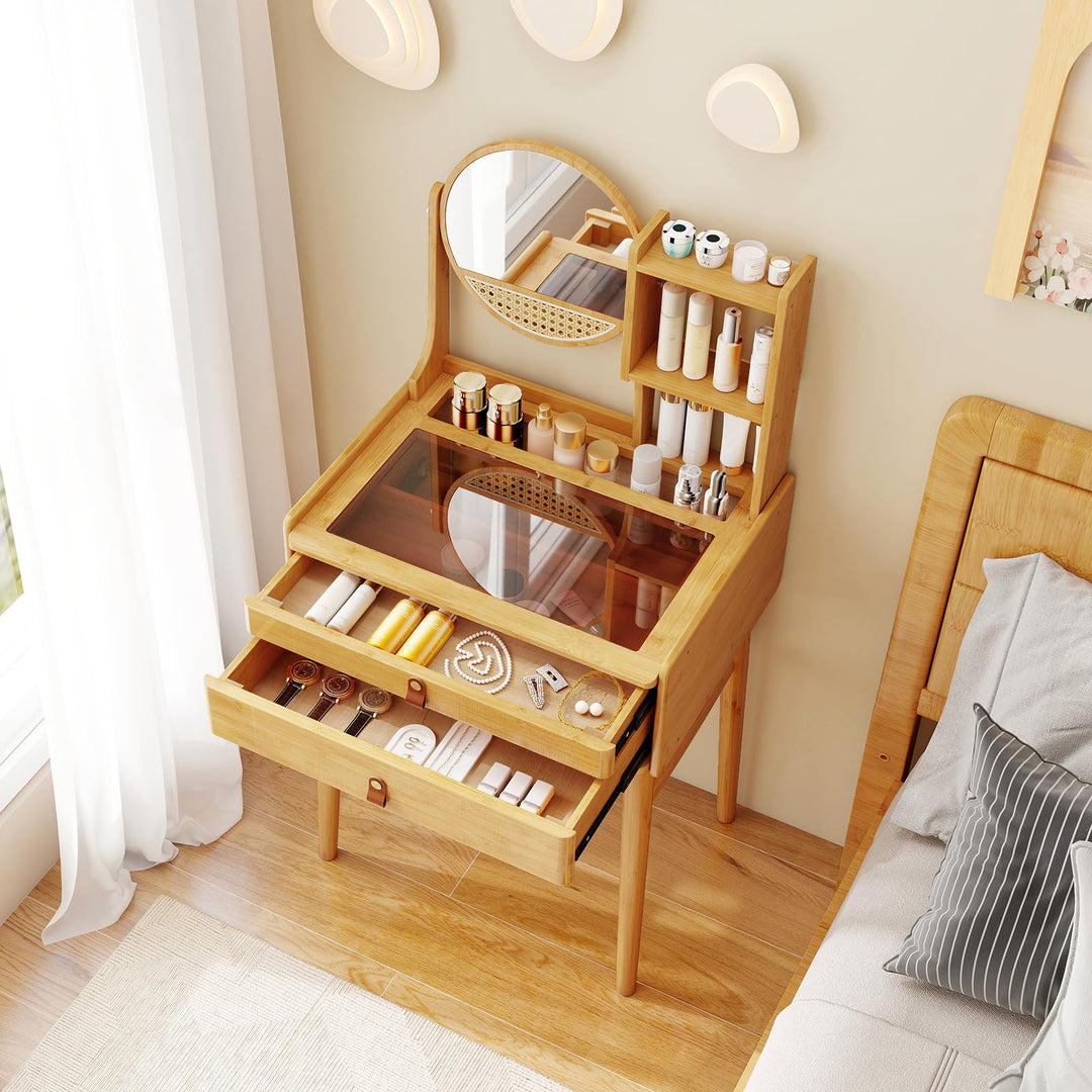CHARMAID Small Vanity Desk with Mirror Glass Top Bamboo Makeup Vanity Table