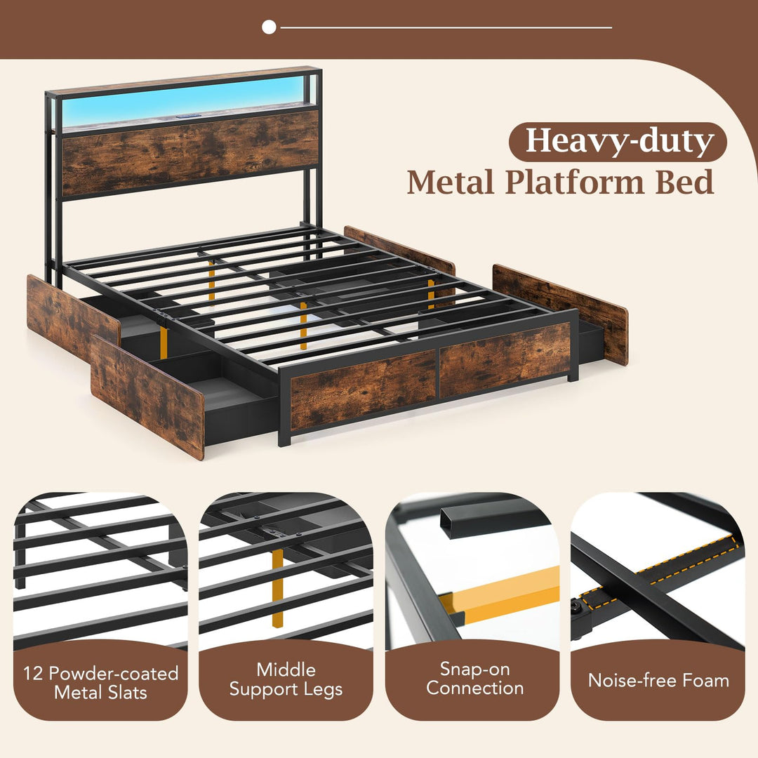 Giantex LED Bed Frame with Charging Station & 4 Storage Drawers
