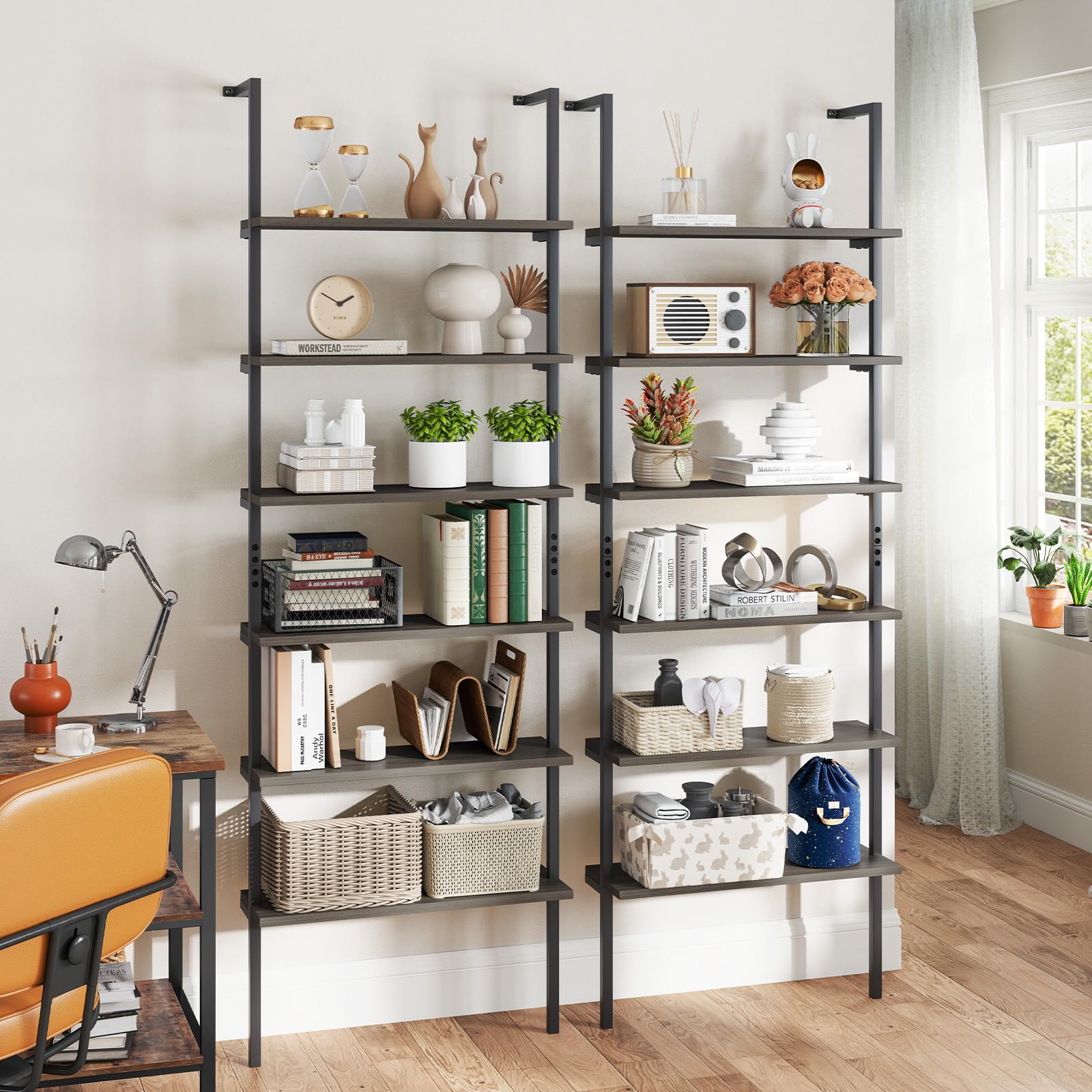 Giantex 6-Tier Ladder Shelf, 72" Wall Mounted Bookshelf with Metal Frame, Industrial Open Storage Shelves