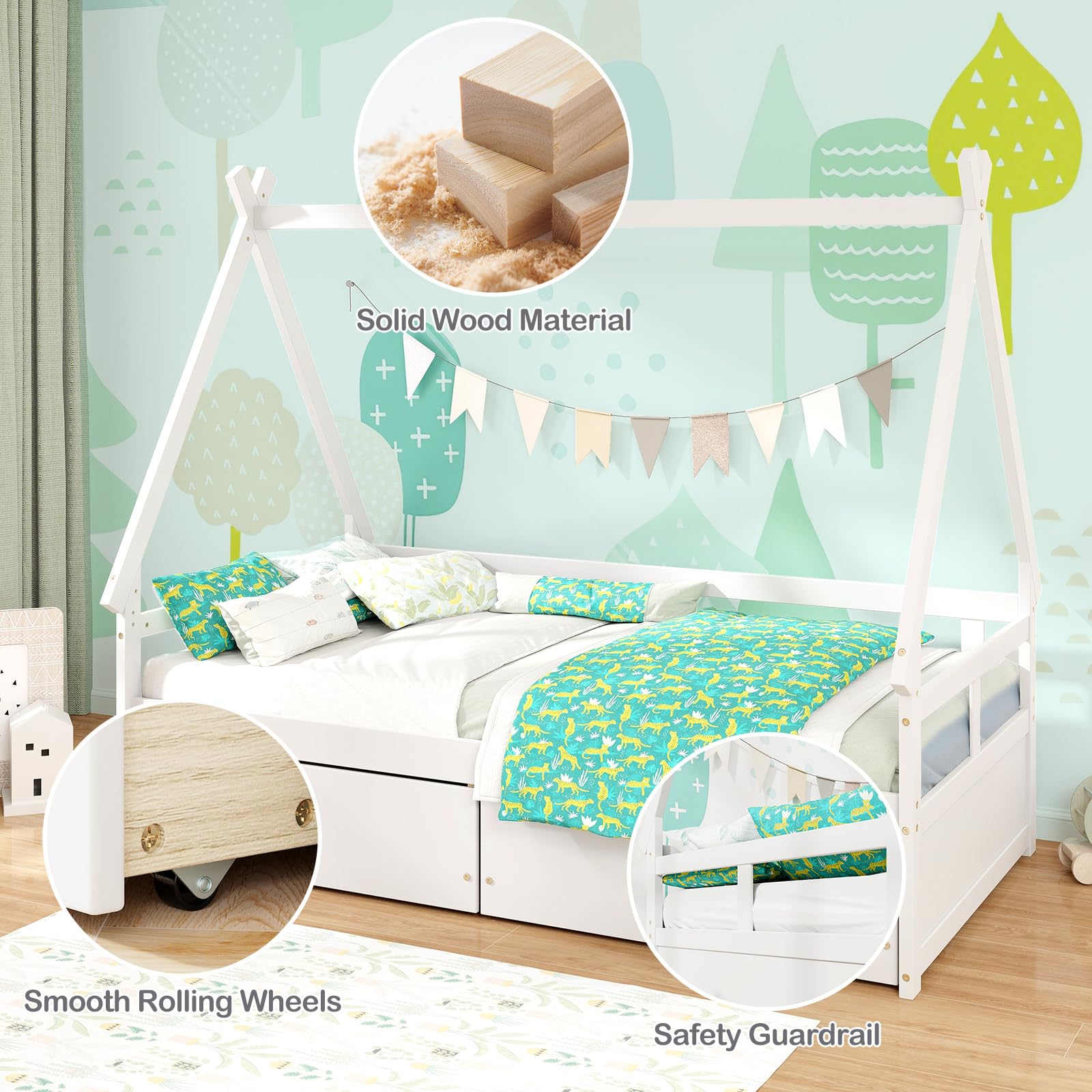 Giantex Twin Bed with 2 Storage Drawers, Wood Montessori House Tent Bed Frame with Safety Guardrail