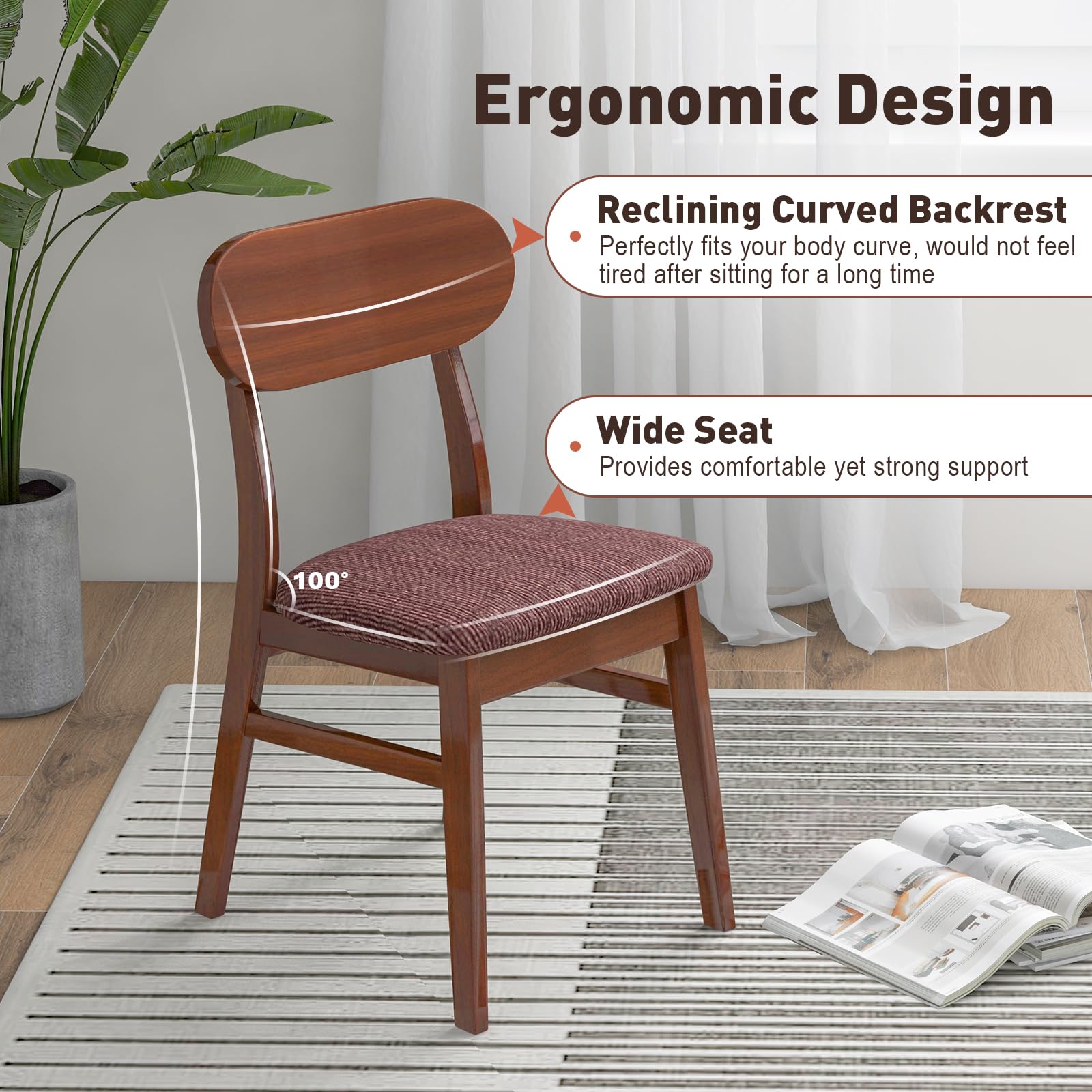 Giantex Wooden Dining Chairs Set of 4 Walnut, Farmhouse Kitchen Chairs with Padded Seat